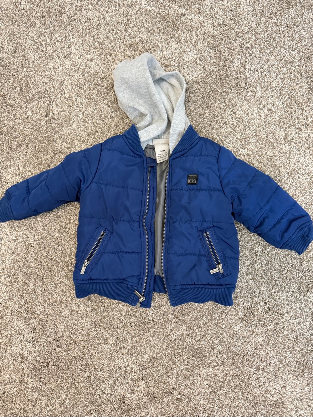 Calvin Klein Kids Blue Puffer Jacket with Gray Hood